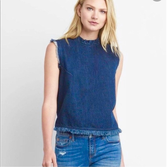 GAP Crop Denim Top with Raw Edge Sleeve, Hem & Zipper Back in Dark Wash — S - Picture 1 of 12